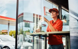 Woman sitting by large window in Circle K store, enjoying snacks and coffee